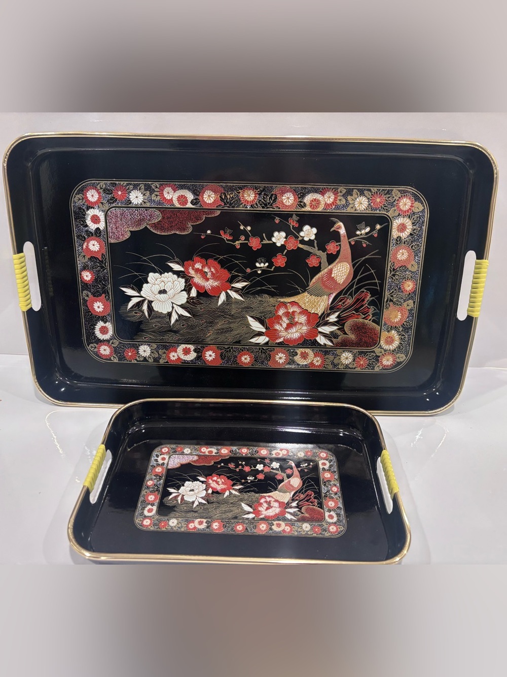 VINTAGE JAPANESE BLACK LACQUER TRAY Set Of 2 Peacock/flower GOLD BROWN SPARKLE